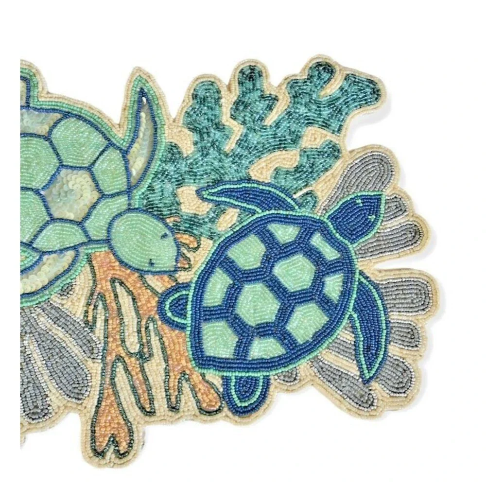 Sea Turtles Beaded Table Runner 36x14 Nautical Coral Ocean Beach Summer House